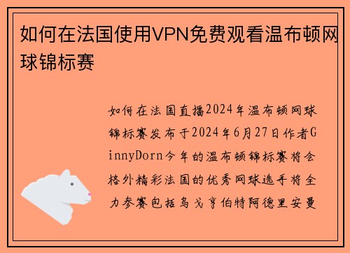 如何在法国使用VPN免费观看温布顿网球锦标赛